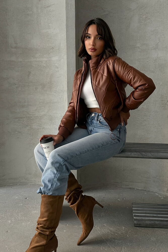 Tan Zippered Leather Wholesale Coat - Producer: Topshow - Wholesale Women Clothes - TheBS Women