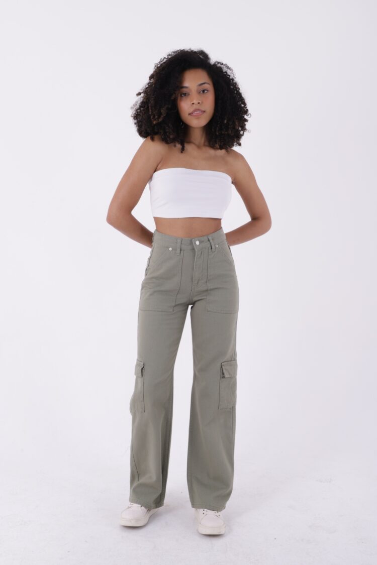 Cargo Pocket Wide Leg Jeans - Khaki - Producer: XLove - Wholesale Women Clothes - TheBS Women