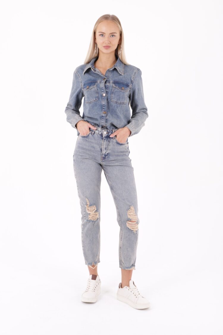 Laser Seamless High Waist Mom Fit Jeans - Blue - Producer: XLove - Wholesale Women Clothes - TheBS Women