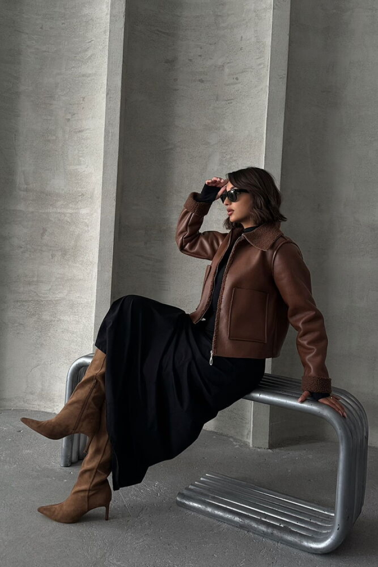 Tan Laminated Leather Zippered Coat - Producer: Topshow - Wholesale Women Clothes - TheBS Women