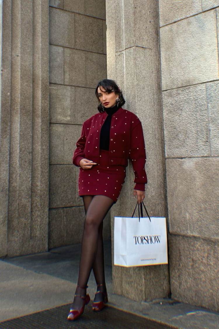 Maroon Dot Printed College Jacket - Producer: Topshow - Wholesale Women Clothes - TheBS Women