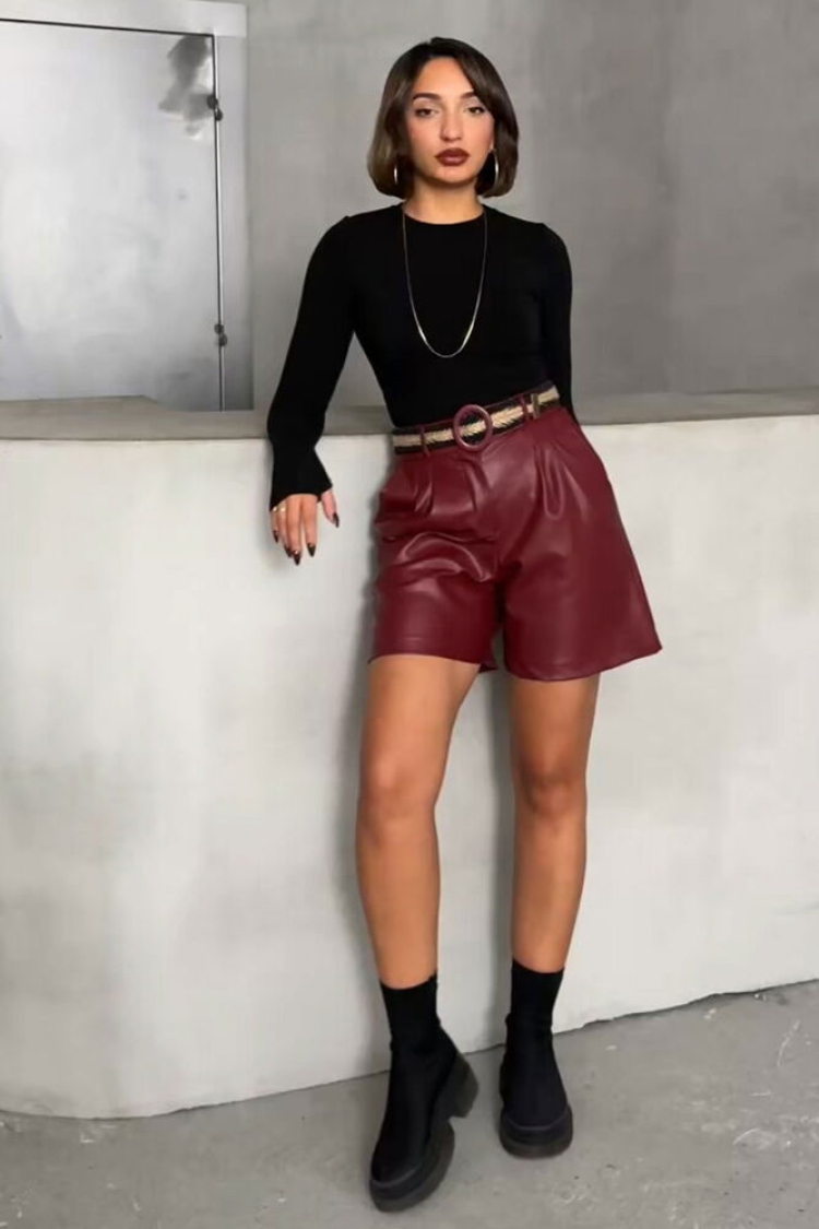 Burgundy Belted Leather Wholesale Shorts - Producer: Topshow - Wholesale Women Clothes - TheBS Women