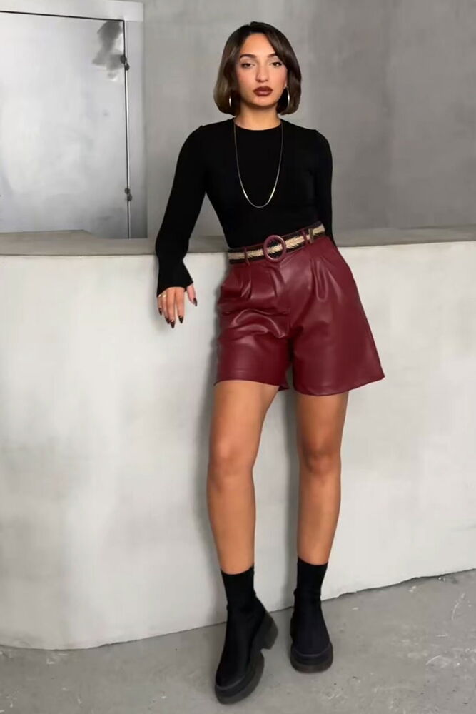 Burgundy Belted Leather Wholesale Shorts - Producer: Topshow - Wholesale Women Clothes - TheBS Women
