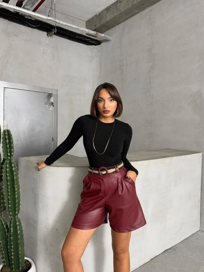 Burgundy Belted Leather Wholesale Shorts - Producer: Topshow - Wholesale Women Clothes - TheBS Women