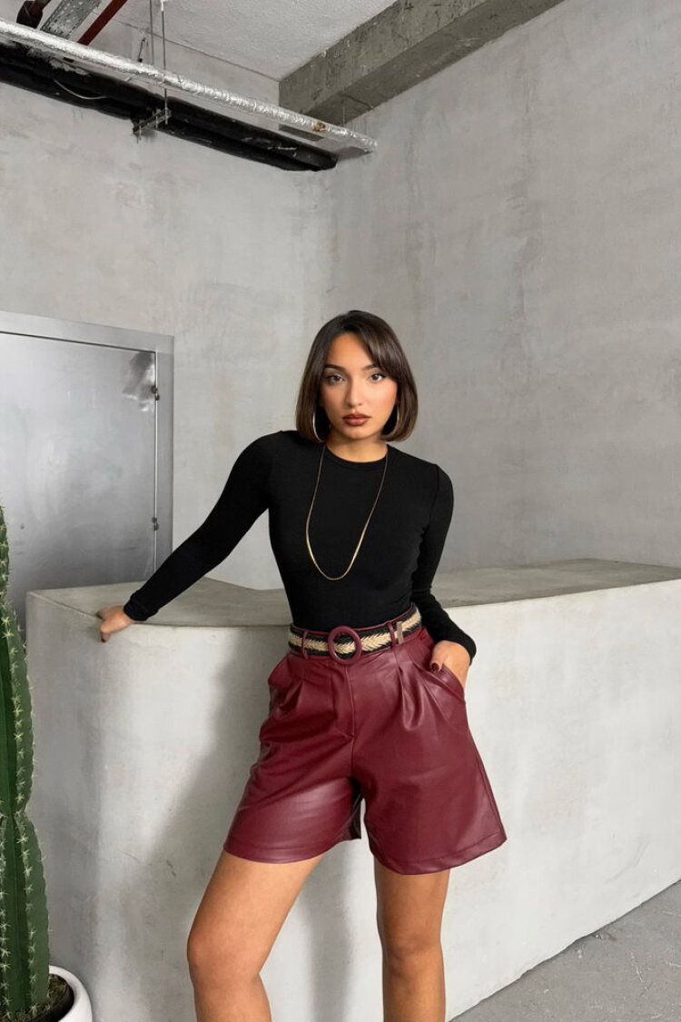 Burgundy Belted Leather Wholesale Shorts - Producer: Topshow - Wholesale Women Clothes - TheBS Women