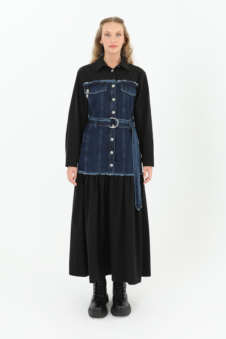 Denim Detailed Belted Long Dress - Producer: SOUL - Wholesale Women Clothes - TheBS Women