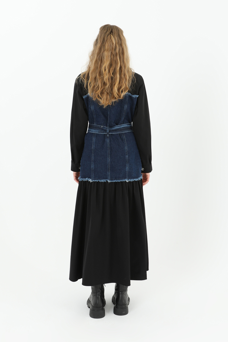 Denim Detailed Belted Long Dress - Producer: SOUL - Wholesale Women Clothes - TheBS Women