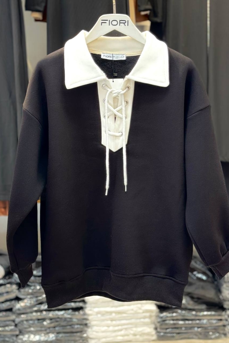 Polo Collar Sweatshirt With Lace Detail And Raised Inside - Producer: Fiori - Wholesale Women Clothes - TheBS Women
