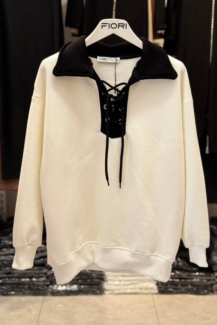 Polo Collar Sweatshirt With Lace Detail And Raised Inside - Producer: Fiori - Wholesale Women Clothes - TheBS Women