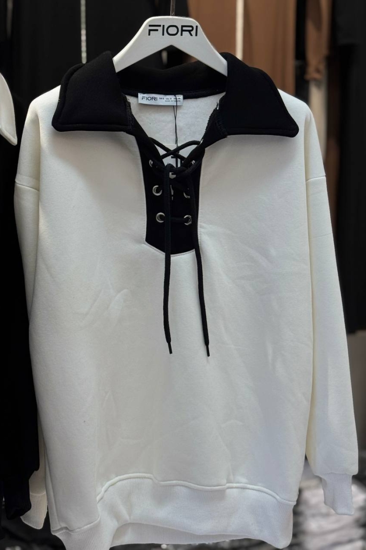 Polo Collar Sweatshirt With Lace Detail And Raised Inside - Producer: Fiori - Wholesale Women Clothes - TheBS Women