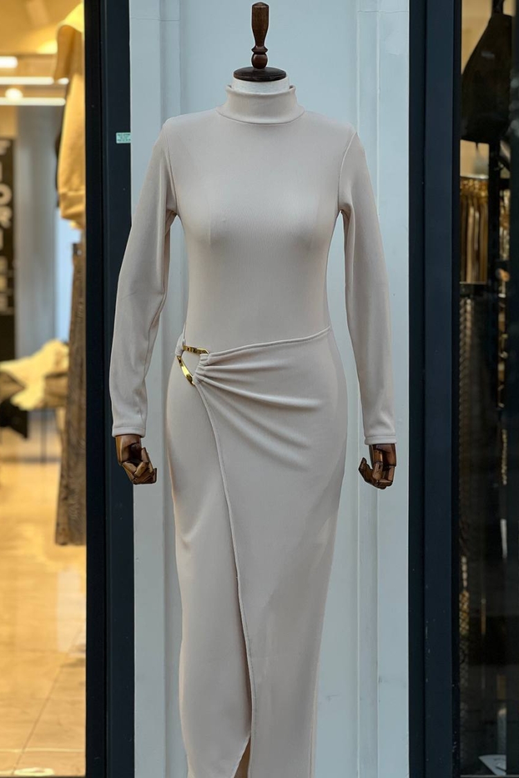 Ottoman Fabric Buckle Detailed Slit Black Dress - Producer: Fiori - Wholesale Women Clothes - TheBS Women