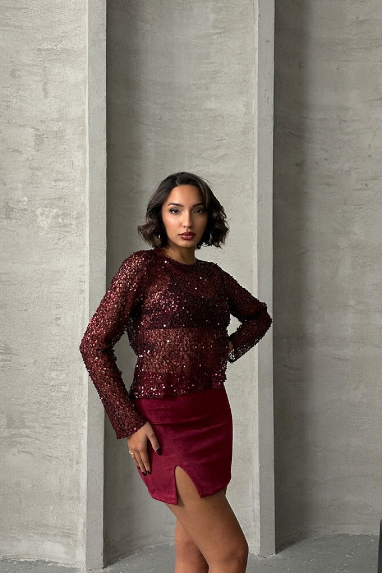 Burgundy Sequin Lace Wholesale Blouse - Producer: Topshow - Wholesale Women Clothes - TheBS Women