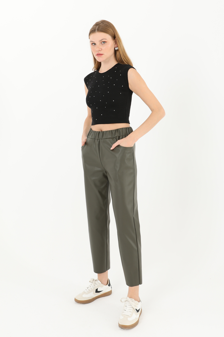 Women's Elastic Waist Pocket Detailed Leather Trousers - Producer: Puane - Wholesale Women Clothes - TheBS Women