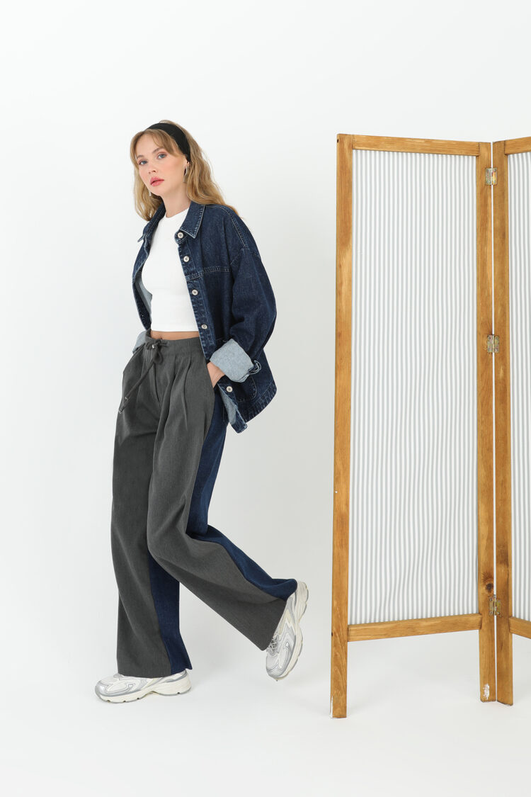 Wide Leg Trousers With Denim Back And Knitwear Front - Anthracite & Blue - Producer: SOUL - Wholesale Women Clothes - TheBS Women