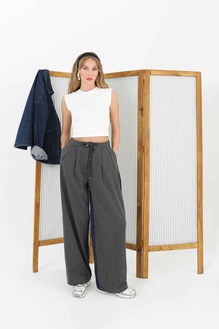 Wide Leg Trousers With Denim Back And Knitwear Front - Anthracite & Blue - Producer: SOUL - Wholesale Women Clothes - TheBS Women