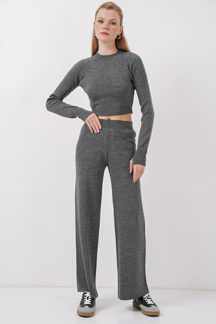 Women's Crop Sweater Trousers Knitwear Bottom Top Set - Smoke - Producer: Bigdart - Wholesale Women Clothes - TheBS Women