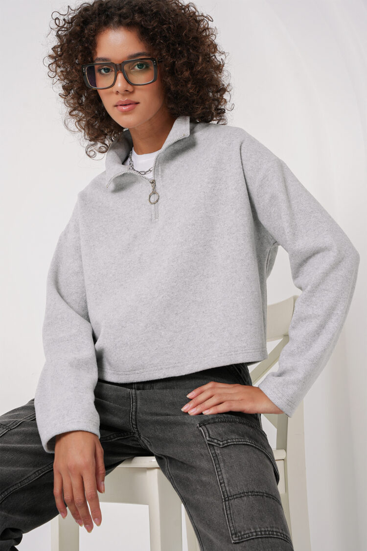 Zipper Collar Knitted Sweatshirt - Gray - Producer: Bigdart - Wholesale Women Clothes - TheBS Women