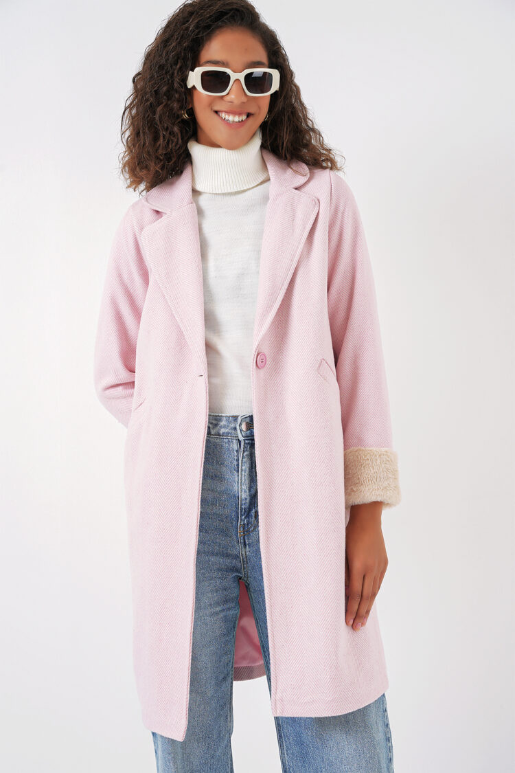 Herringbone Cashmere Coat With Feathered Sleeves - Powder - Producer: Bigdart - Wholesale Women Clothes - TheBS Women