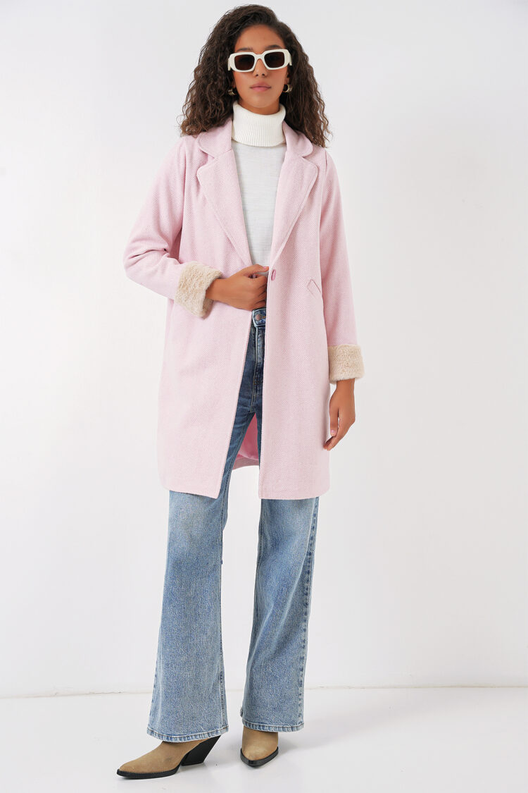 Herringbone Cashmere Coat With Feathered Sleeves - Powder - Producer: Bigdart - Wholesale Women Clothes - TheBS Women