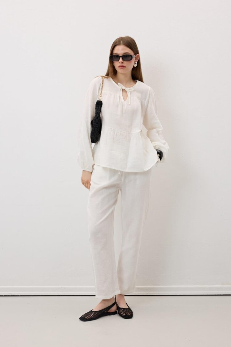 Mueslin Salaş Elastic Waist Women's Pants - Producer: Levure - Wholesale Women Clothes - TheBS Women