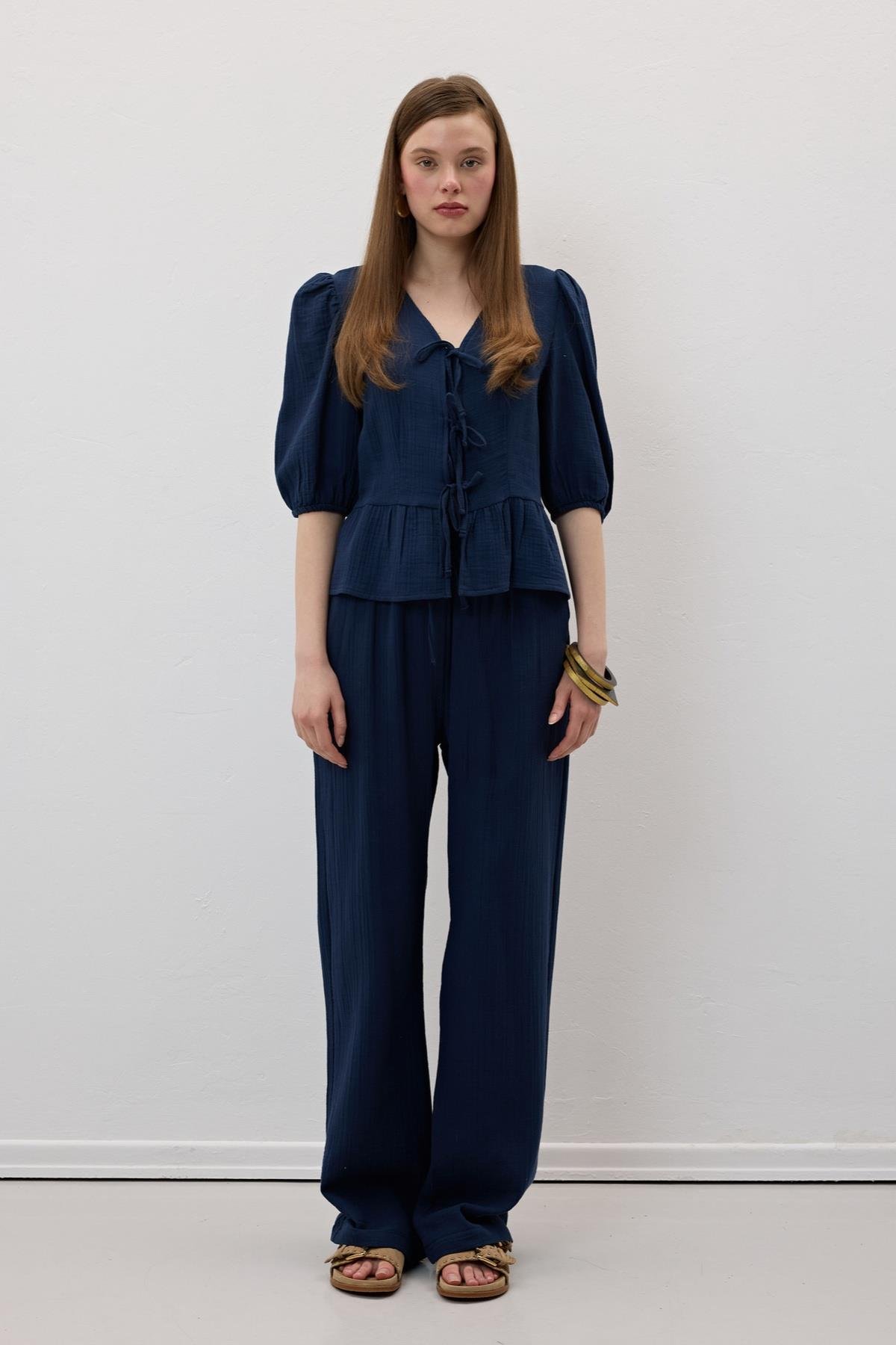 Elastic Waist Mueslin Pants Navy - Producer: Levure - Wholesale Women Clothes - TheBS Women
