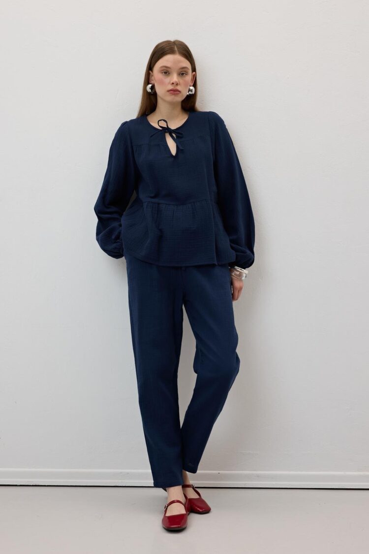 Mueslin Salaş Elastic Waist Women's Pants Navy - Producer: Levure - Wholesale Women Clothes - TheBS Women