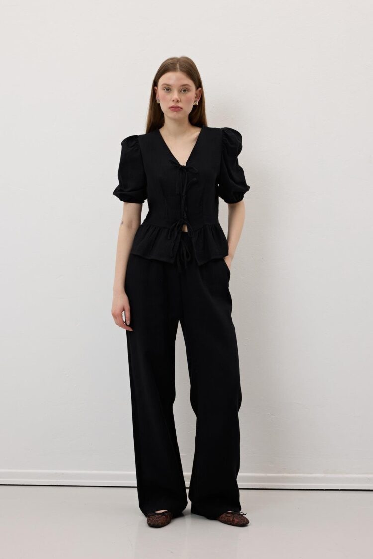 Front Tie Sleeve Elastic Mueslin Blouse - Producer: Levure - Wholesale Women Clothes - TheBS Women