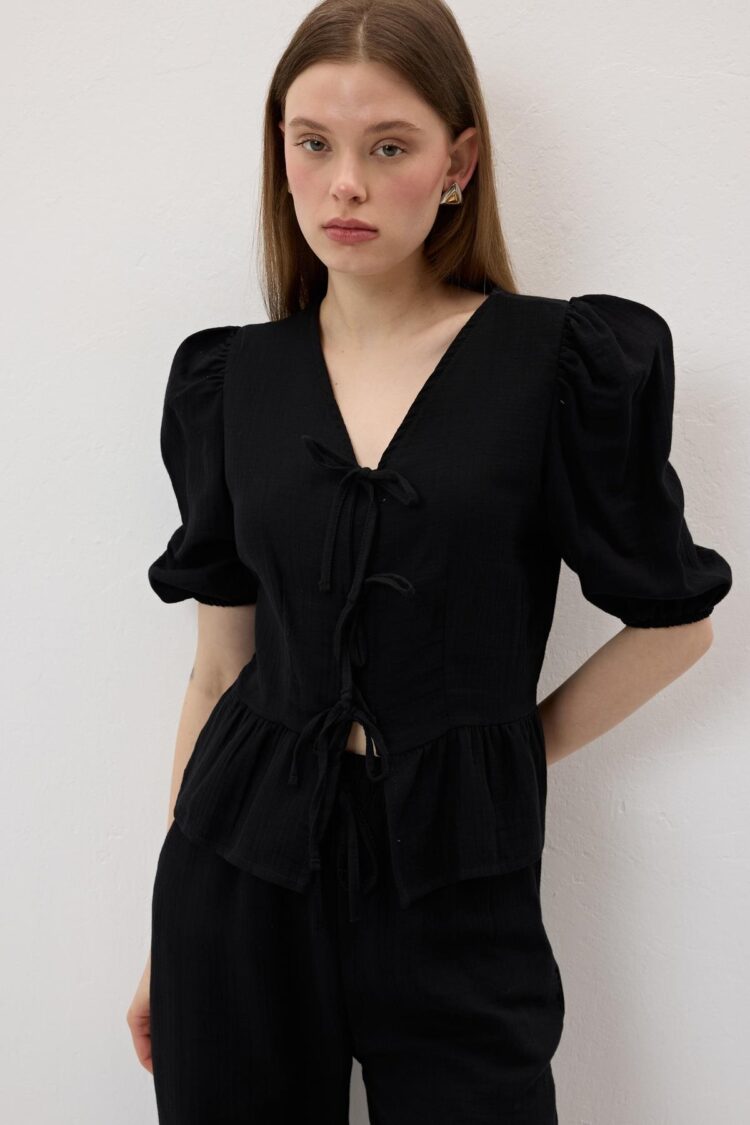 Front Tie Sleeve Elastic Mueslin Blouse - Producer: Levure - Wholesale Women Clothes - TheBS Women