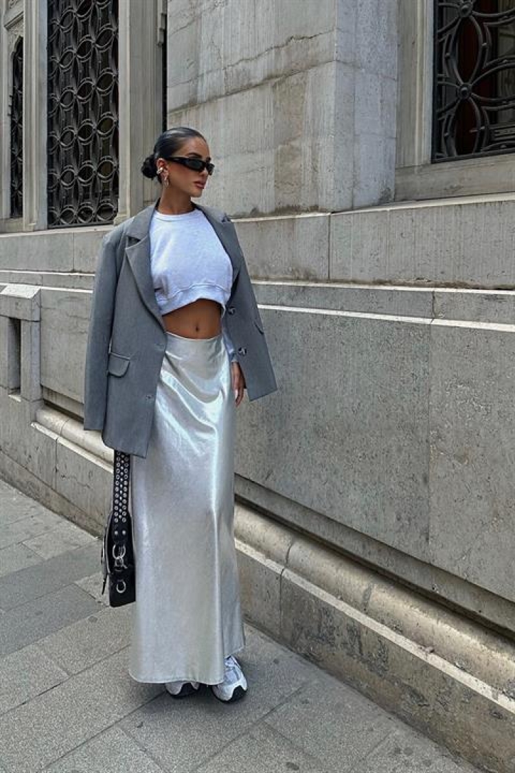 Reflective Midi Skirt - Silver - Producer: Sobe Istanbul - Wholesale Women Clothes - TheBS Women