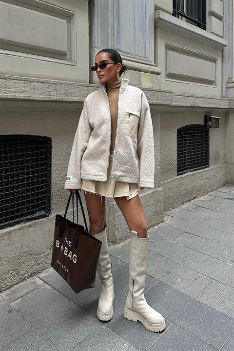 Curly Fur Lined Jacket With Leather Pocket Detail - Producer: Sobe Istanbul - Wholesale Women Clothes - TheBS Women