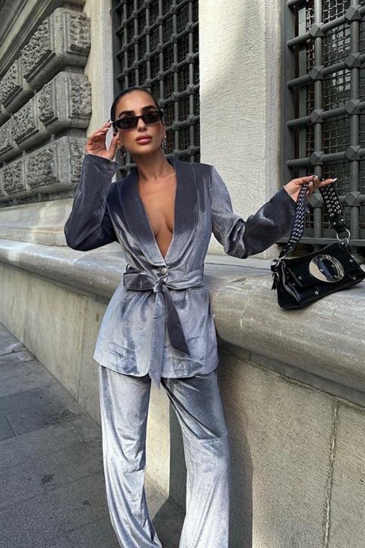 Oversize Velvet Suit - Gray - Producer: Sobe Istanbul - Wholesale Women Clothes - TheBS Women