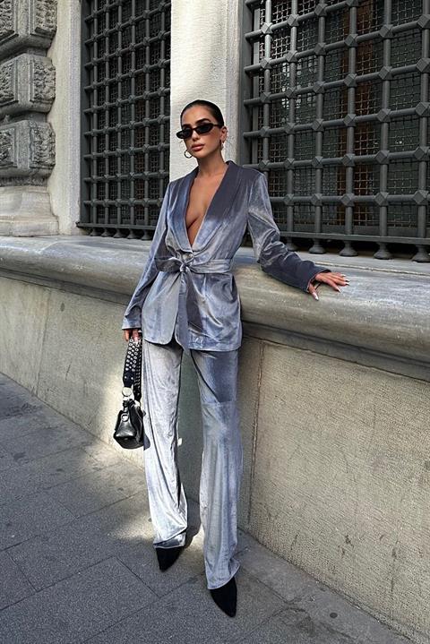 Oversize Velvet Suit - Gray - Producer: Sobe Istanbul - Wholesale Women Clothes - TheBS Women