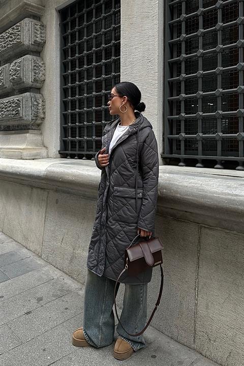 Zippered And Hooded Long Quilted Coat - Gray - Producer: Sobe Istanbul - Wholesale Women Clothes - TheBS Women