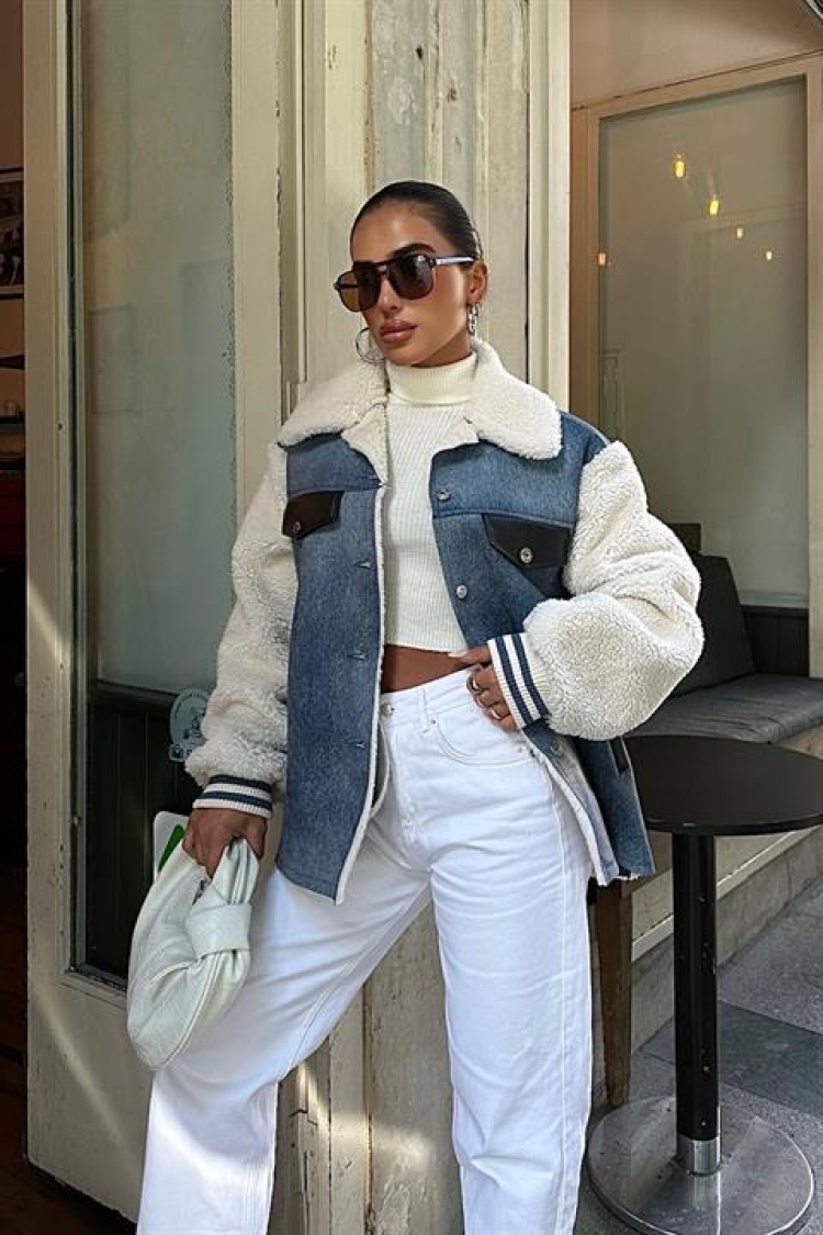 Pocket Detailed Jacket - Ecru & Blue - Producer: Sobe Istanbul - Wholesale Women Clothes - TheBS Women