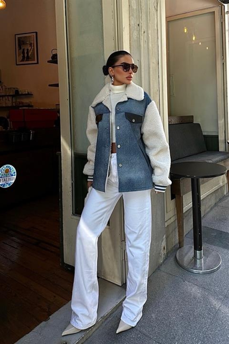 Pocket Detailed Jacket - Ecru & Blue - Producer: Sobe Istanbul - Wholesale Women Clothes - TheBS Women