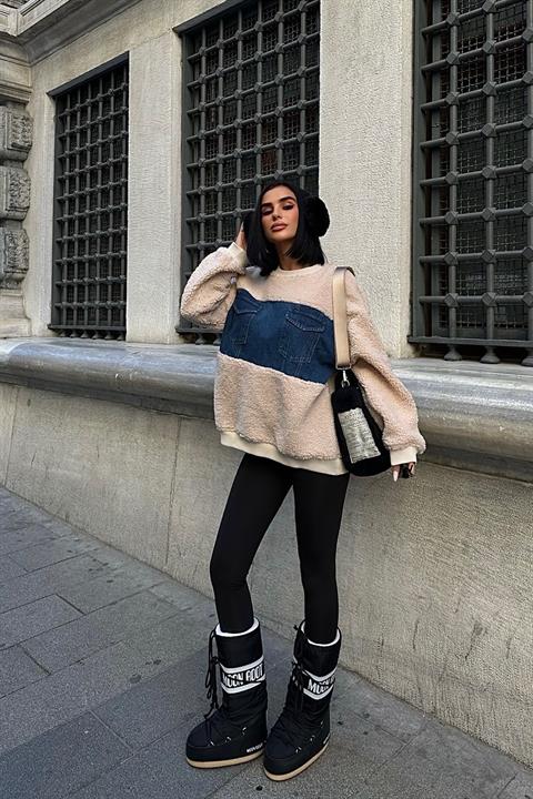 Denim Chest Garnish Sweatshirt - Stone - Producer: Sobe Istanbul - Wholesale Women Clothes - TheBS Women
