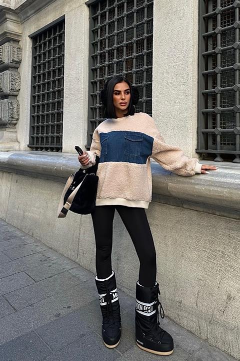 Denim Chest Garnish Sweatshirt - Stone - Producer: Sobe Istanbul - Wholesale Women Clothes - TheBS Women