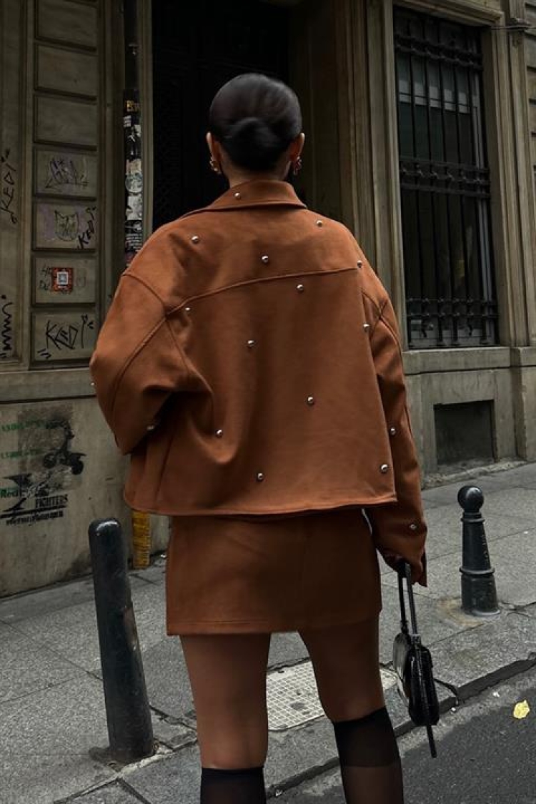 Silver Accessory Jacket Skirt Lined Suede Suit - Producer: Sobe Istanbul - Wholesale Women Clothes - TheBS Women