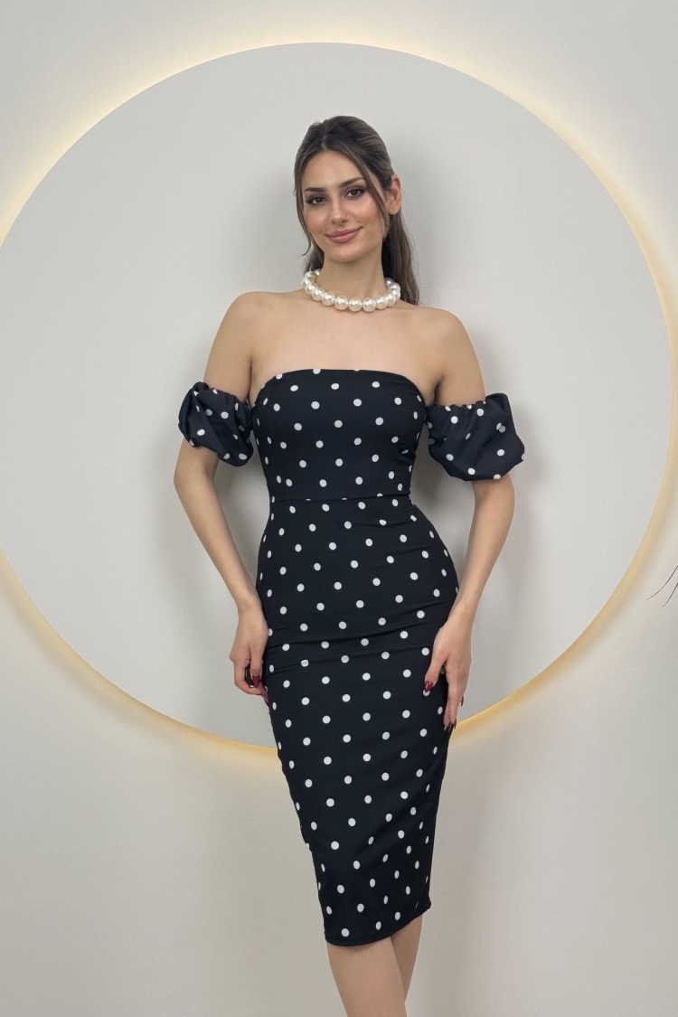 Polka Dot Pattern Balloon Sleeve Crepe Dress - Producer: Miss Janell - Wholesale Women Clothes - TheBS Women