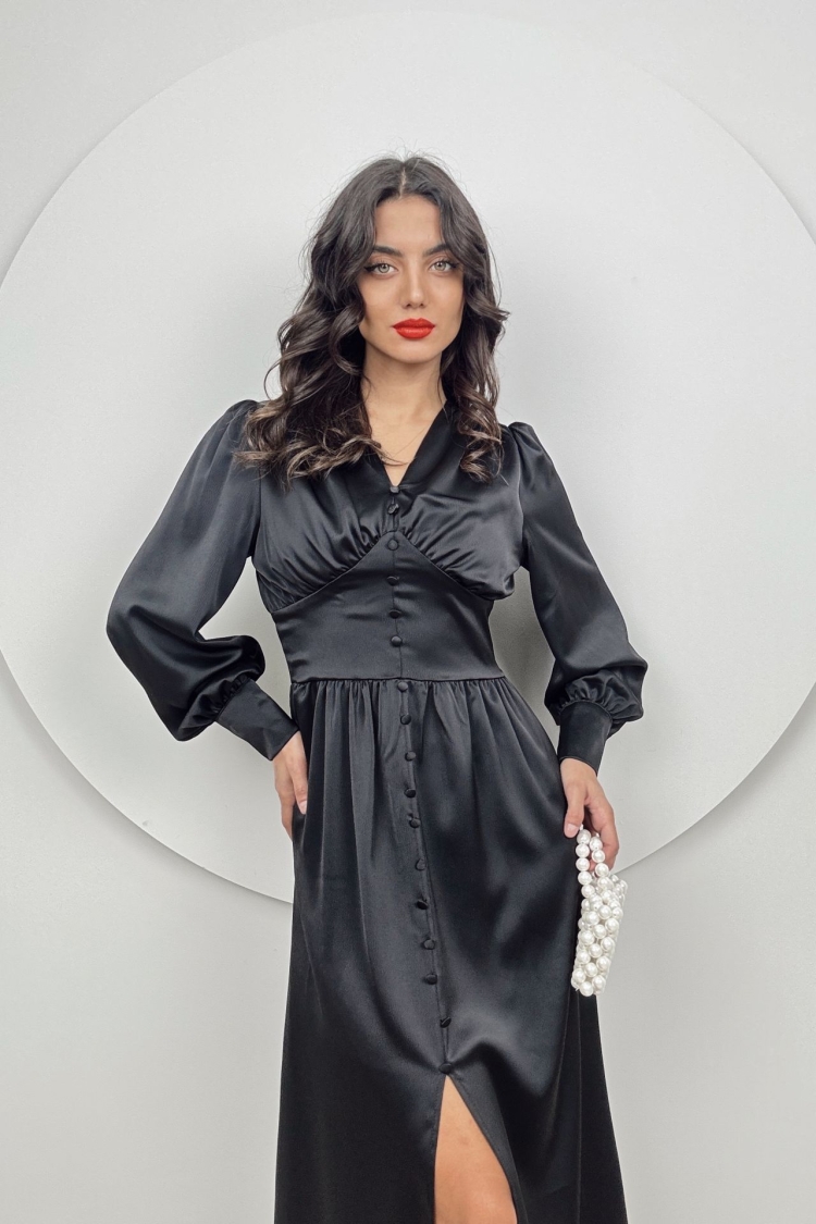 Ögüs Ruffle Front Buttoned Satin Dress - Producer: Miss Janell - Wholesale Women Clothes - TheBS Women
