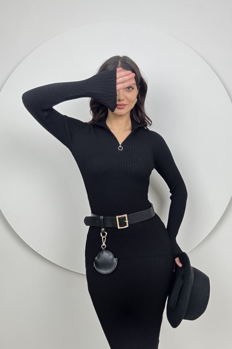Slim Fit Long Knitwear Dress With Neck Zipper - Producer: Miss Janell - Wholesale Women Clothes - TheBS Women