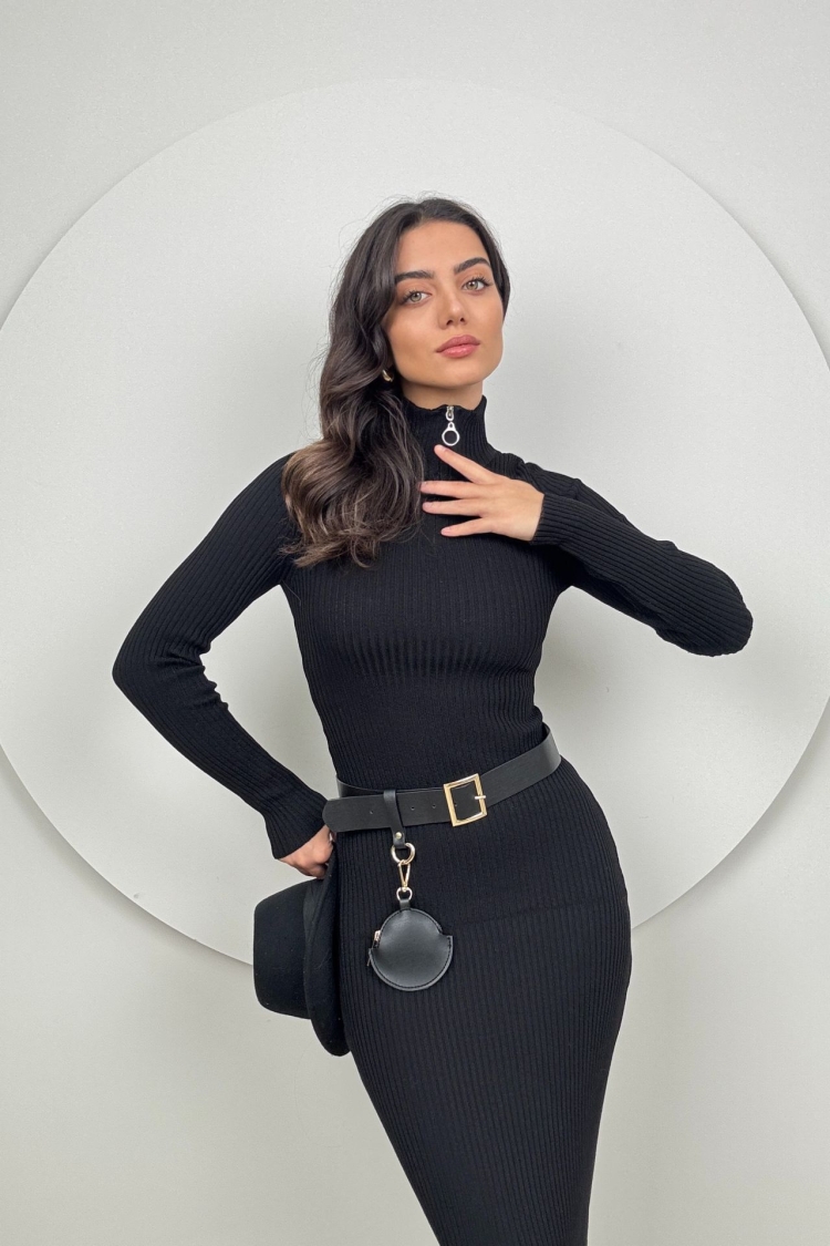 Slim Fit Long Knitwear Dress With Neck Zipper - Producer: Miss Janell - Wholesale Women Clothes - TheBS Women