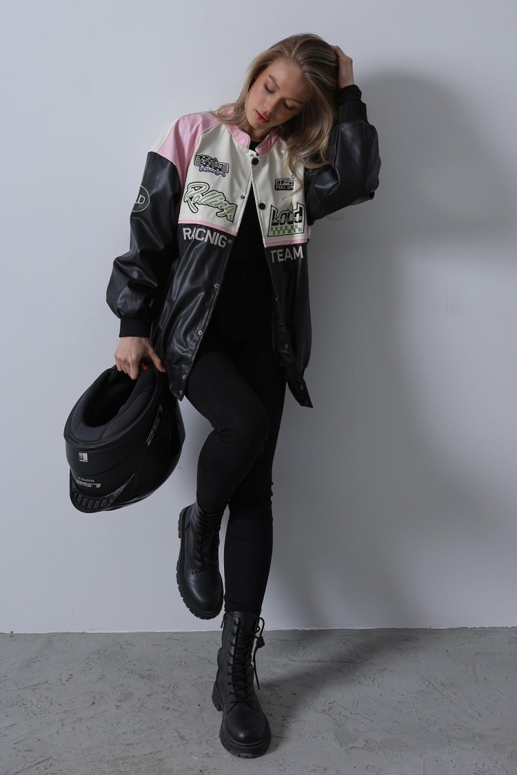 Biker Jacket - Black & Pink & Ecru - Producer: Reyon - Wholesale Women Clothes - TheBS Women
