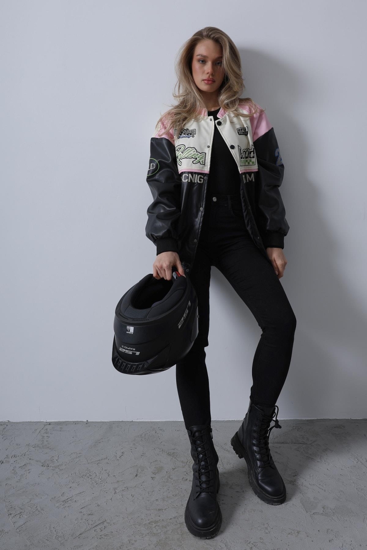 Biker Jacket - Black & Pink & Ecru - Producer: Reyon - Wholesale Women Clothes - TheBS Women