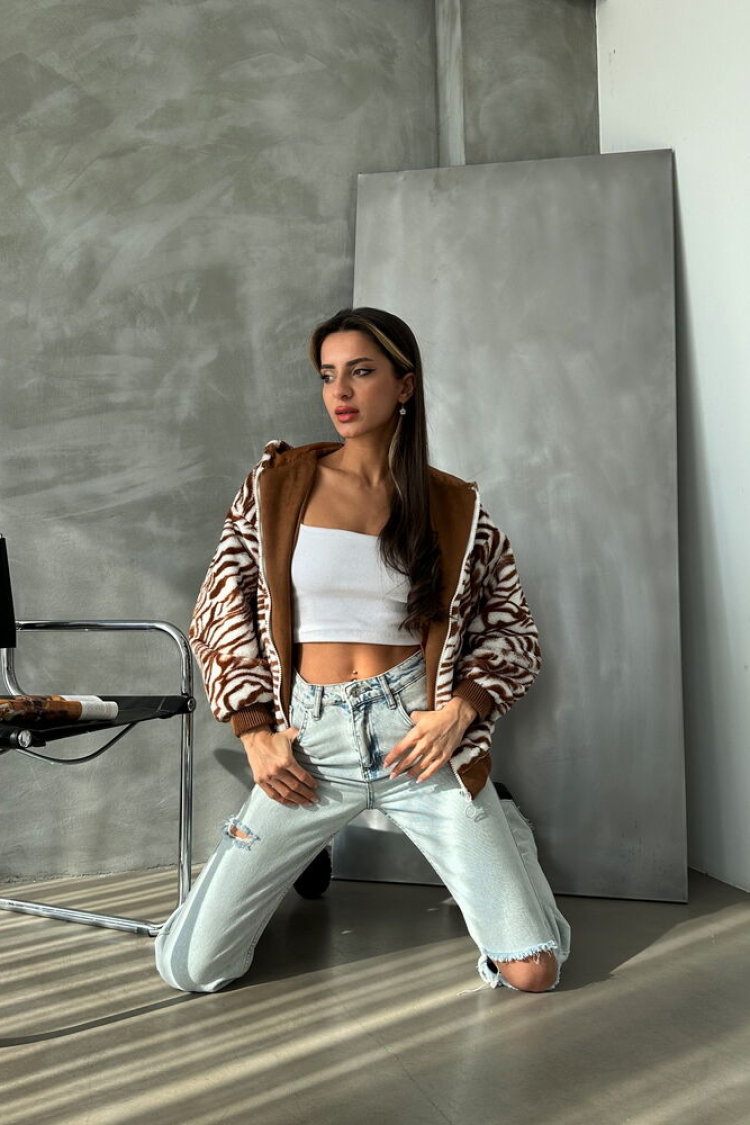 Zebra Look Plush Coat - Tan - Producer: Topshow - Wholesale Women Clothes - TheBS Women