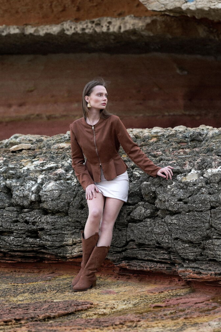 Tan Suede Zippered Wholesale Blouse - Producer: Topshow - Wholesale Women Clothes - TheBS Women