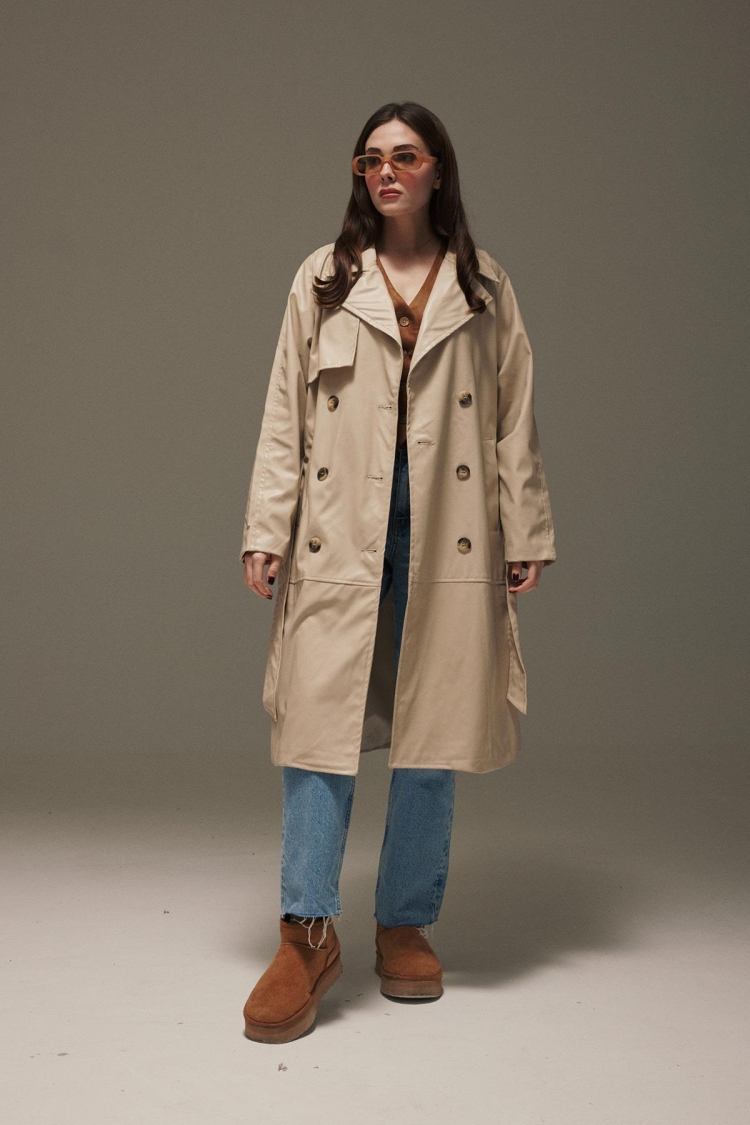 Leather Fabric Women's Trench Coat With Belted Waist - Producer: Levure - Wholesale Women Clothes - TheBS Women