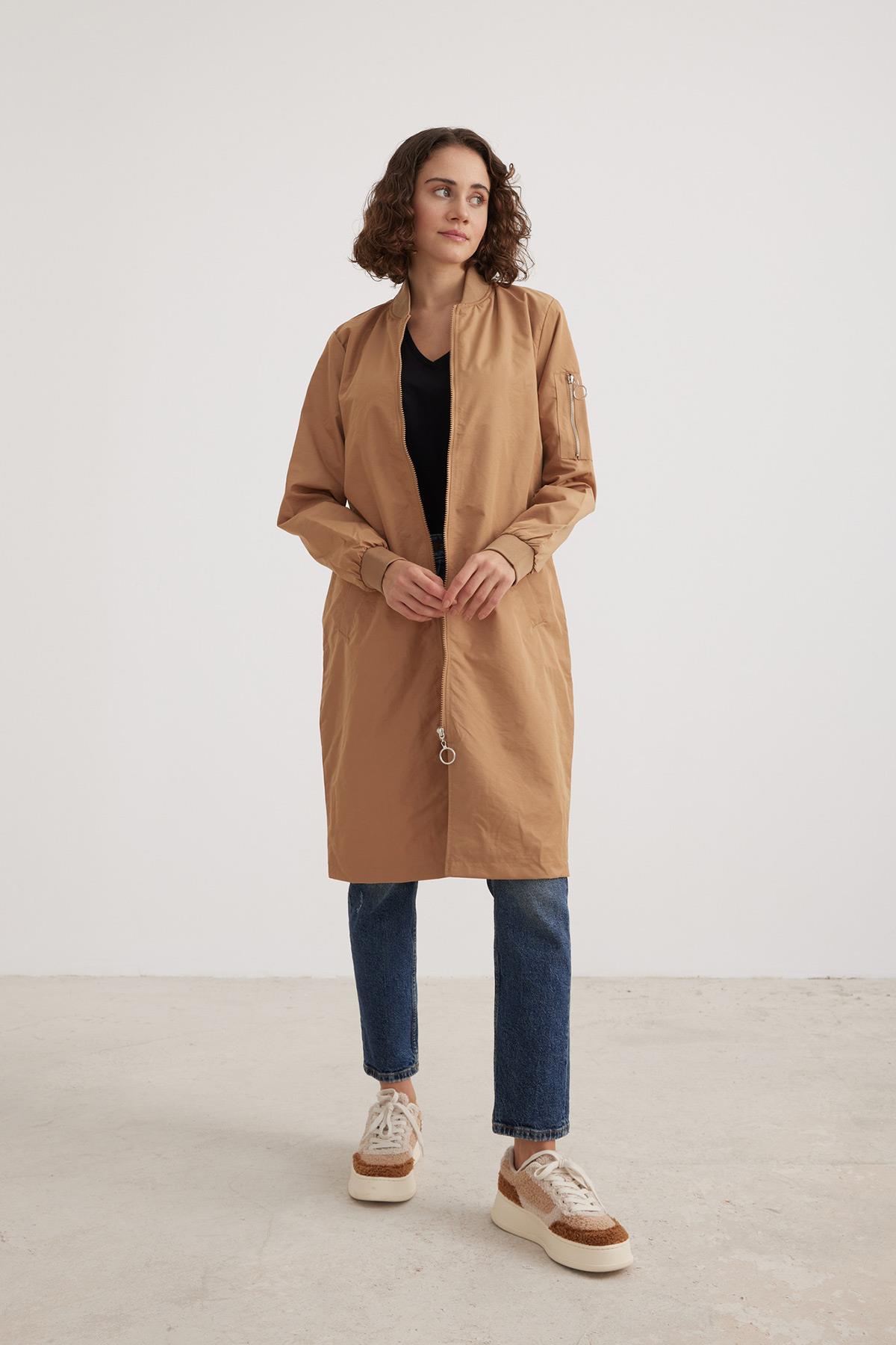 Parachute Fabric Ribbed Collar Long Sleeve Women's Trench Coat Camel - Producer: Levure - Wholesale Women Clothes - TheBS Women