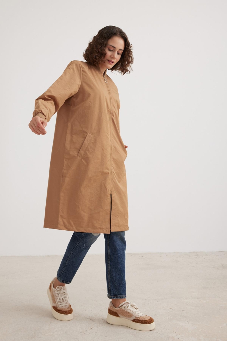 Parachute Fabric Ribbed Collar Long Sleeve Women's Trench Coat Camel - Producer: Levure - Wholesale Women Clothes - TheBS Women