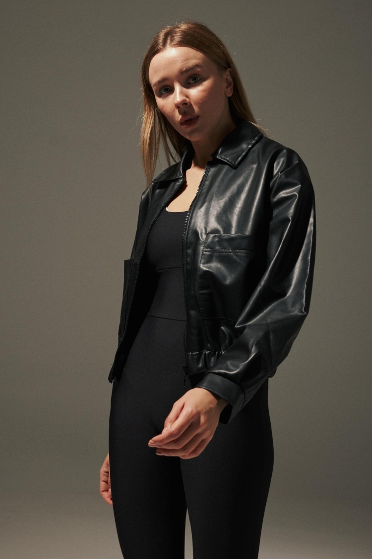 Pocket Detail Elastic Waist Faux Leather Women's Jacket Black - Producer: Levure - Wholesale Women Clothes - TheBS Women